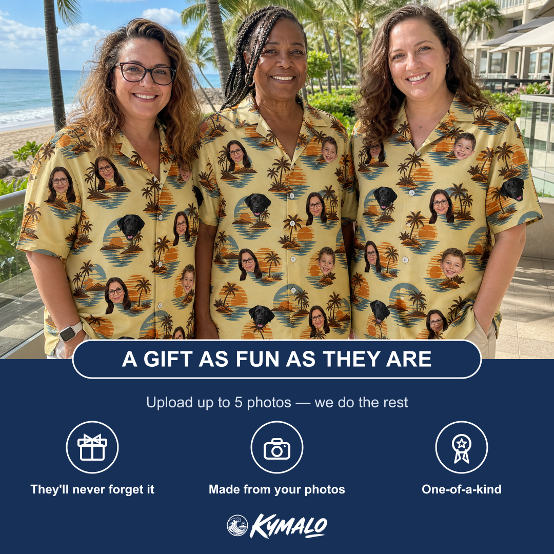 Friends in matching Women's Dusk Daze Custom Face Hawaiian Shirt — a group gift photo