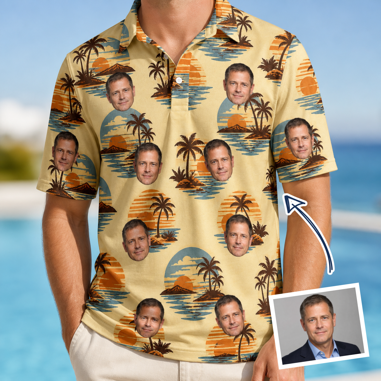 Man wearing Men's Dusk Daze Custom Face Polo Shirt — custom faces printed all-over