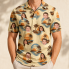 Model wearing Men's Dusk Daze Custom Face Polo Shirt printed with kids' faces