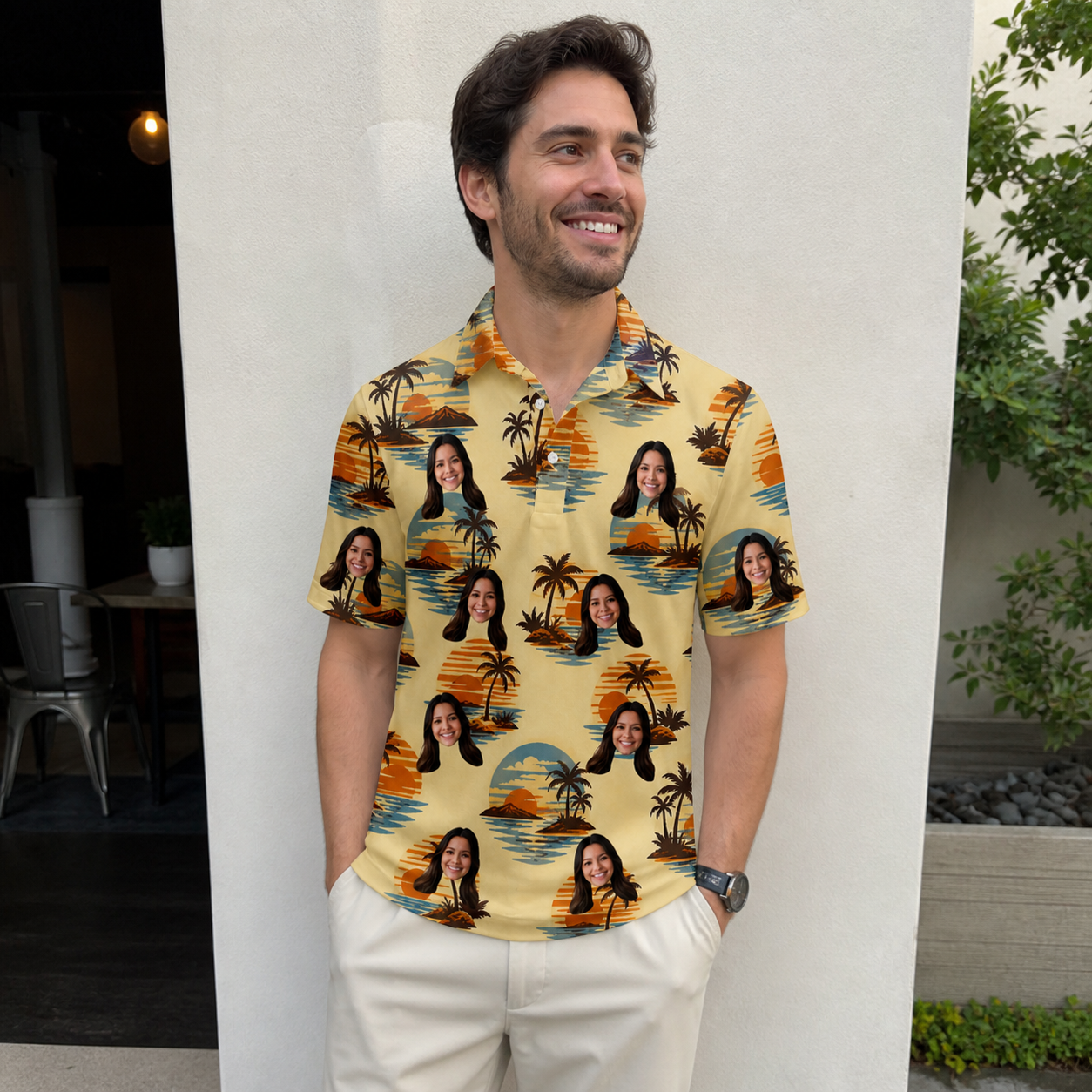 Real-life photo of someone wearing Men's Dusk Daze Custom Face Polo Shirt — custom faces printed all-over