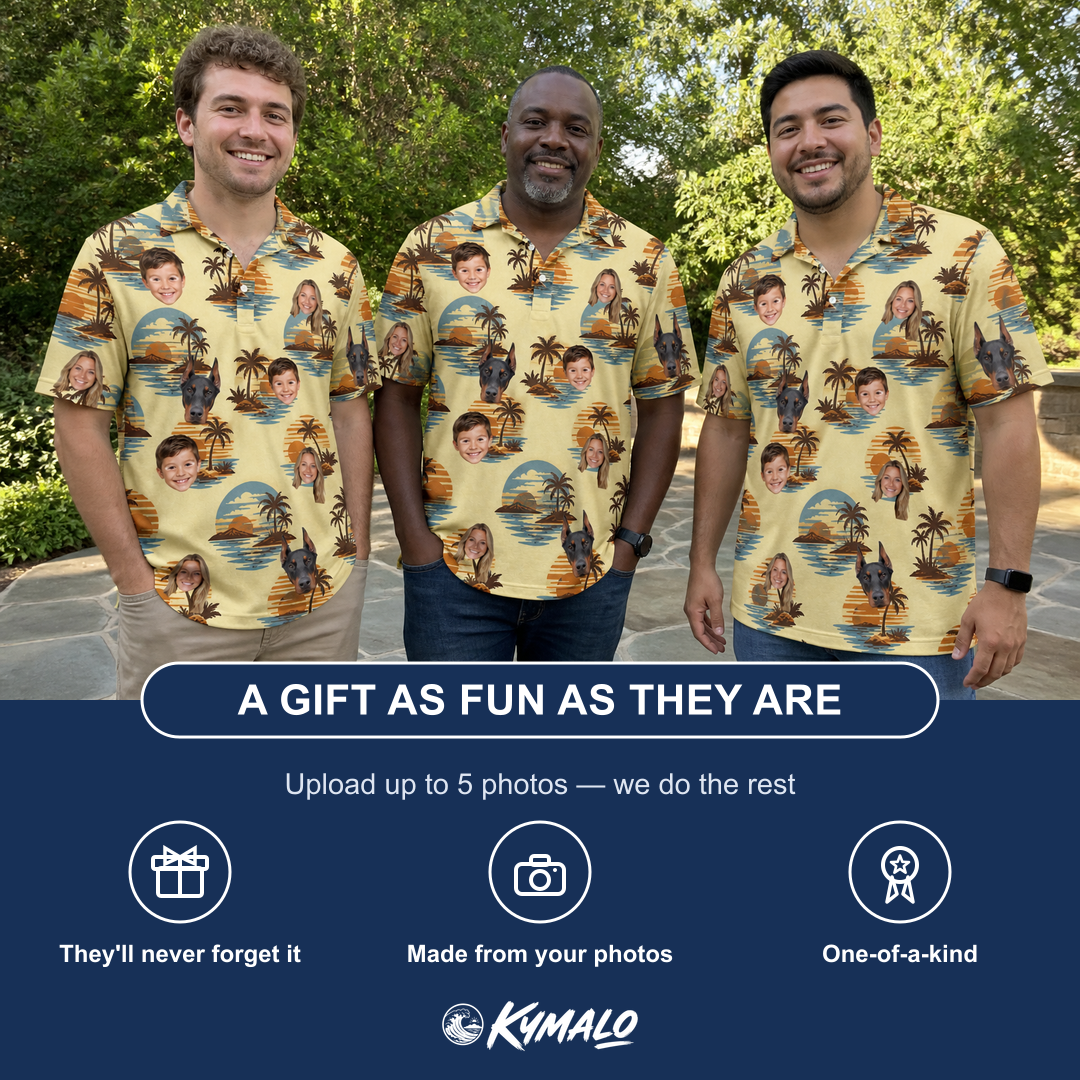Friends in matching Men's Dusk Daze Custom Face Polo Shirt — a group gift photo