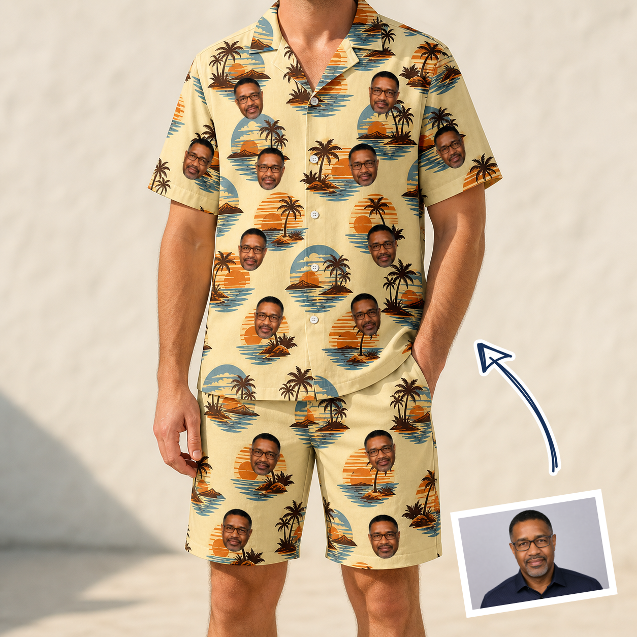 Man wearing Men's Dusk Daze Custom Face Shirt & Shorts Set — custom faces printed all-over