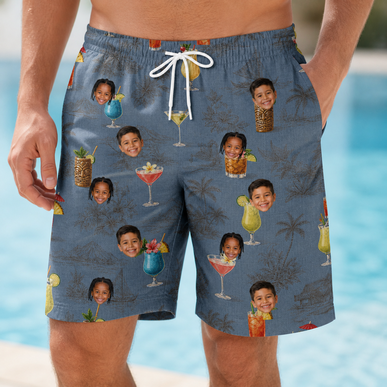 Model wearing Men's Lounge Libations Custom Face Beach Shorts printed with kids' faces