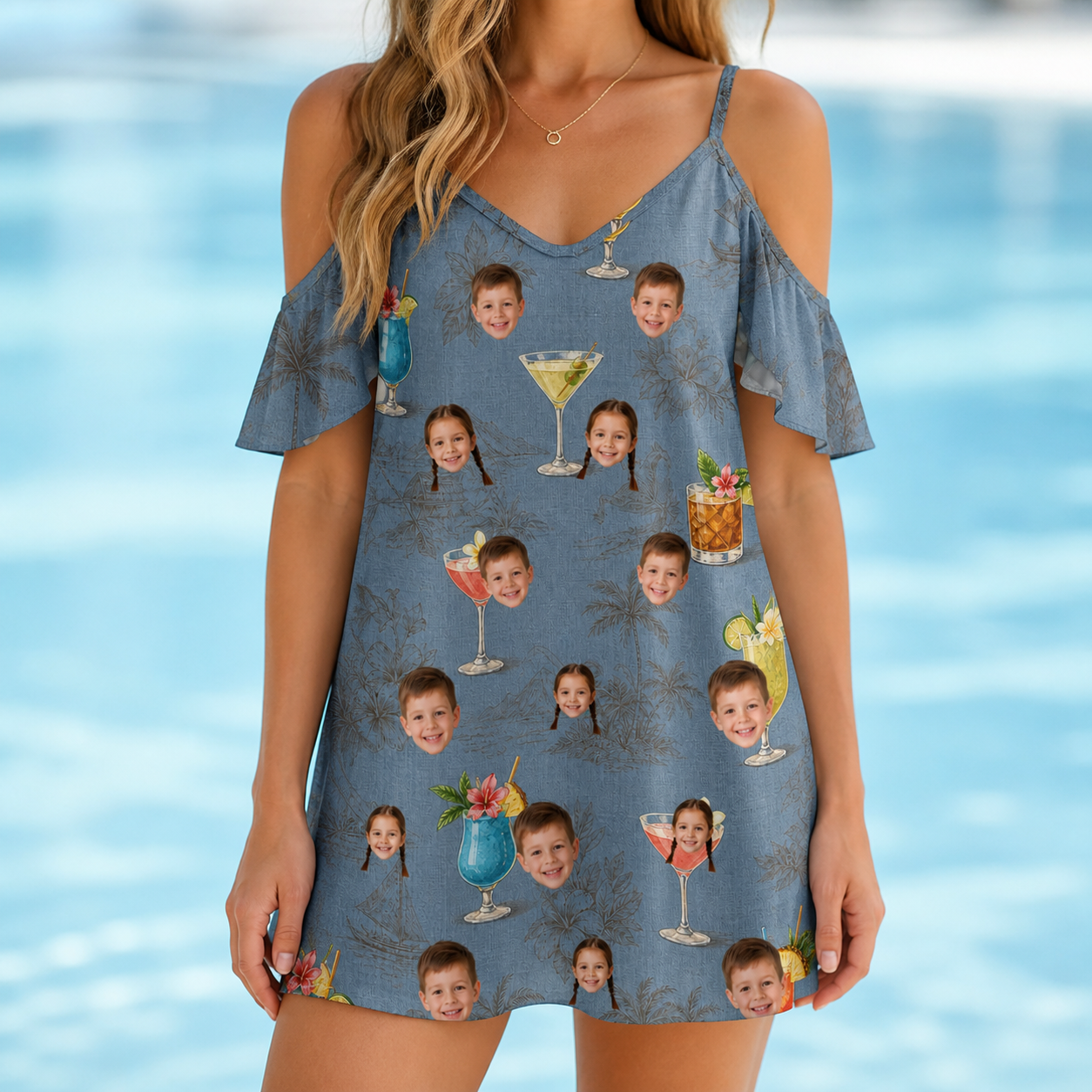 Model wearing Women's Lounge Libations Custom Face Off-Shoulder Dress printed with kids' faces