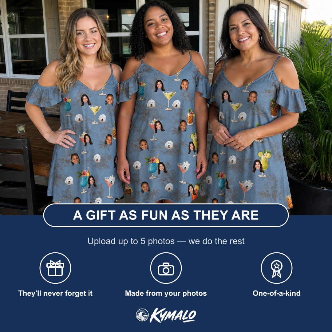 Friends in matching Women's Lounge Libations Custom Face Off-Shoulder Dress — a group gift photo