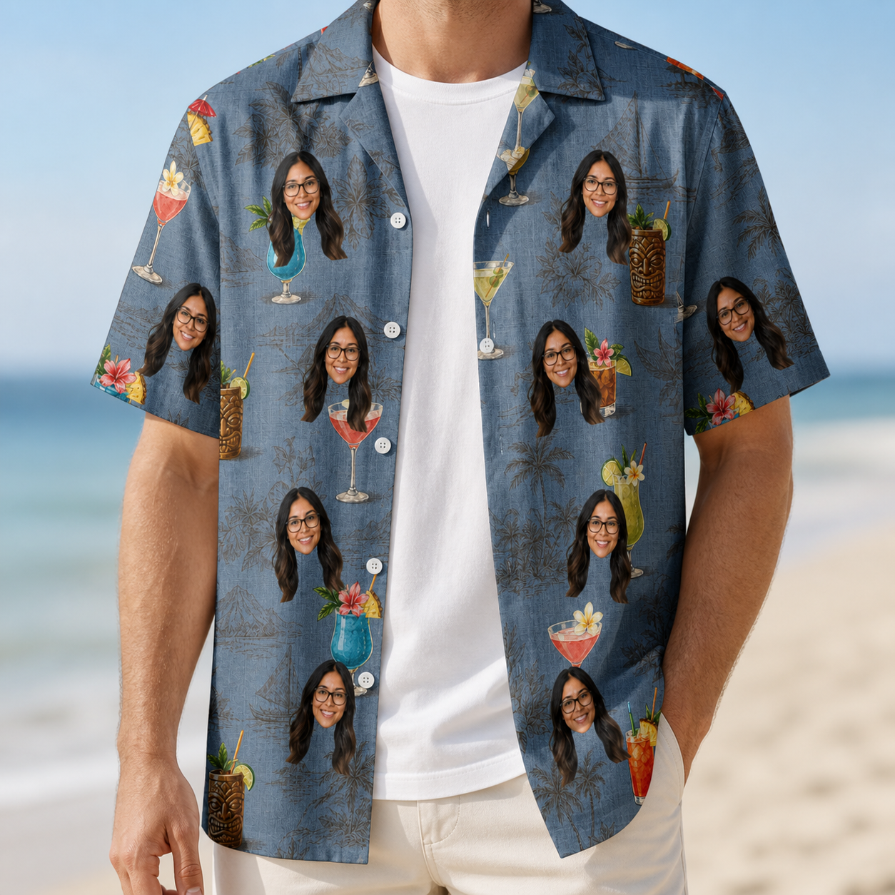 Man wearing Men's Lounge Libations Custom Face Hawaiian Shirt open over a white tee