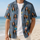 Man wearing Men's Lounge Libations Custom Face Hawaiian Shirt open over a white tee