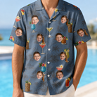 Model wearing Men's Lounge Libations Custom Face Hawaiian Shirt printed with kids' faces