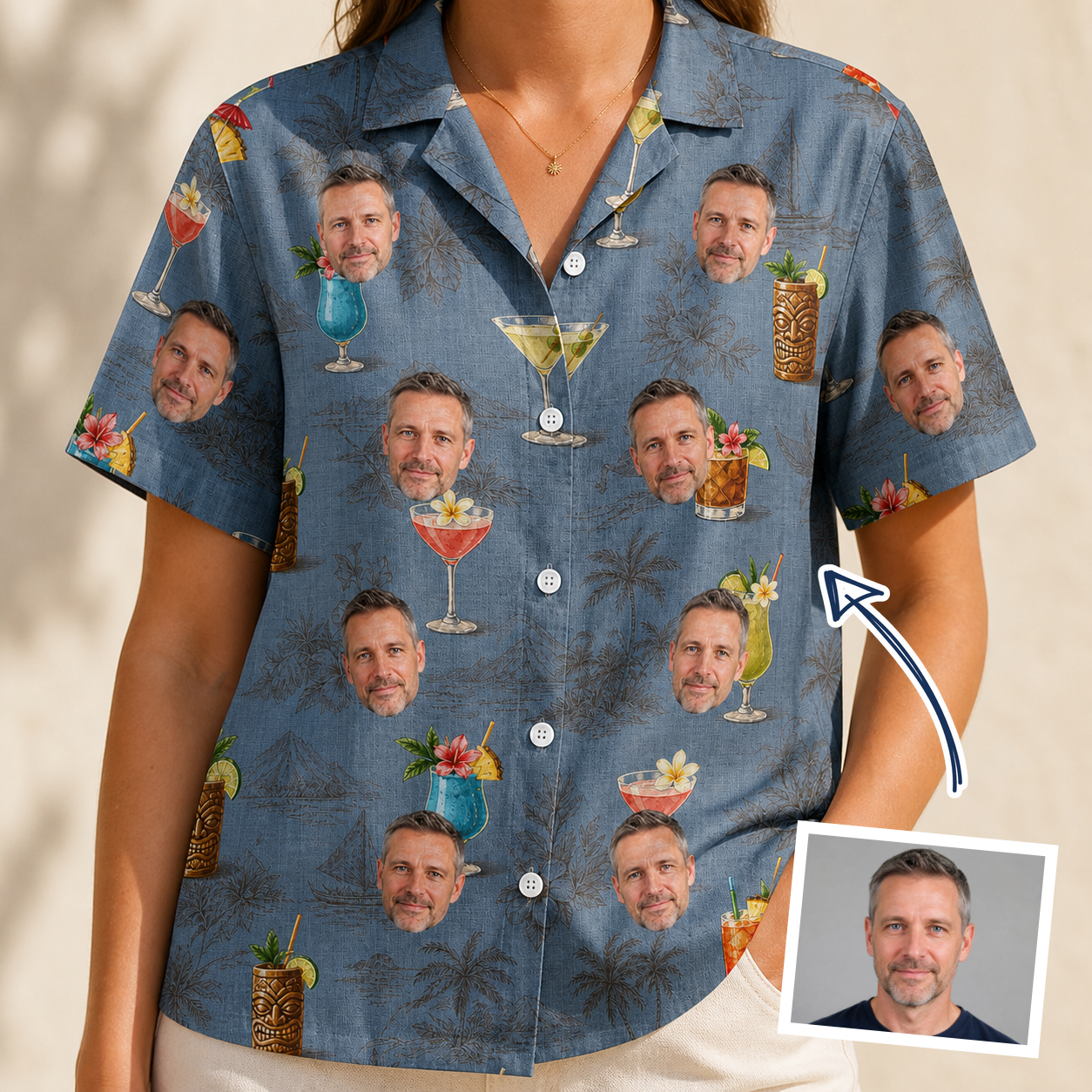 Woman wearing Women's Lounge Libations Custom Face Hawaiian Shirt — custom faces printed all-over