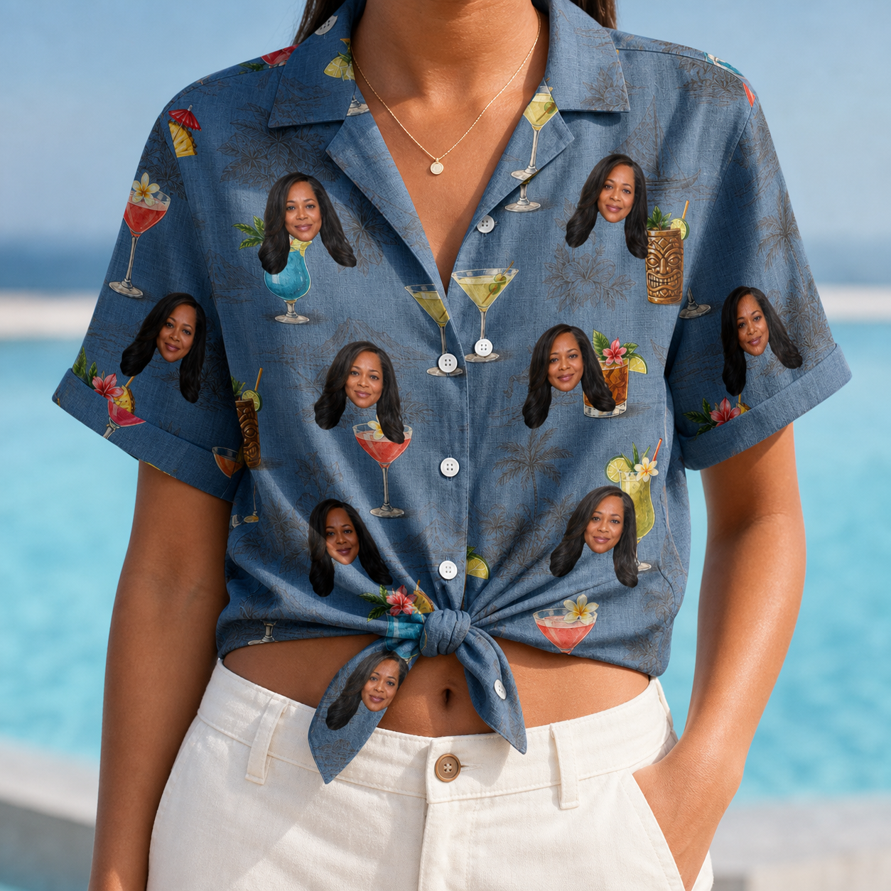 Woman wearing Women's Lounge Libations Custom Face Hawaiian Shirt tied at the waist