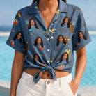 Woman wearing Women's Lounge Libations Custom Face Hawaiian Shirt tied at the waist
