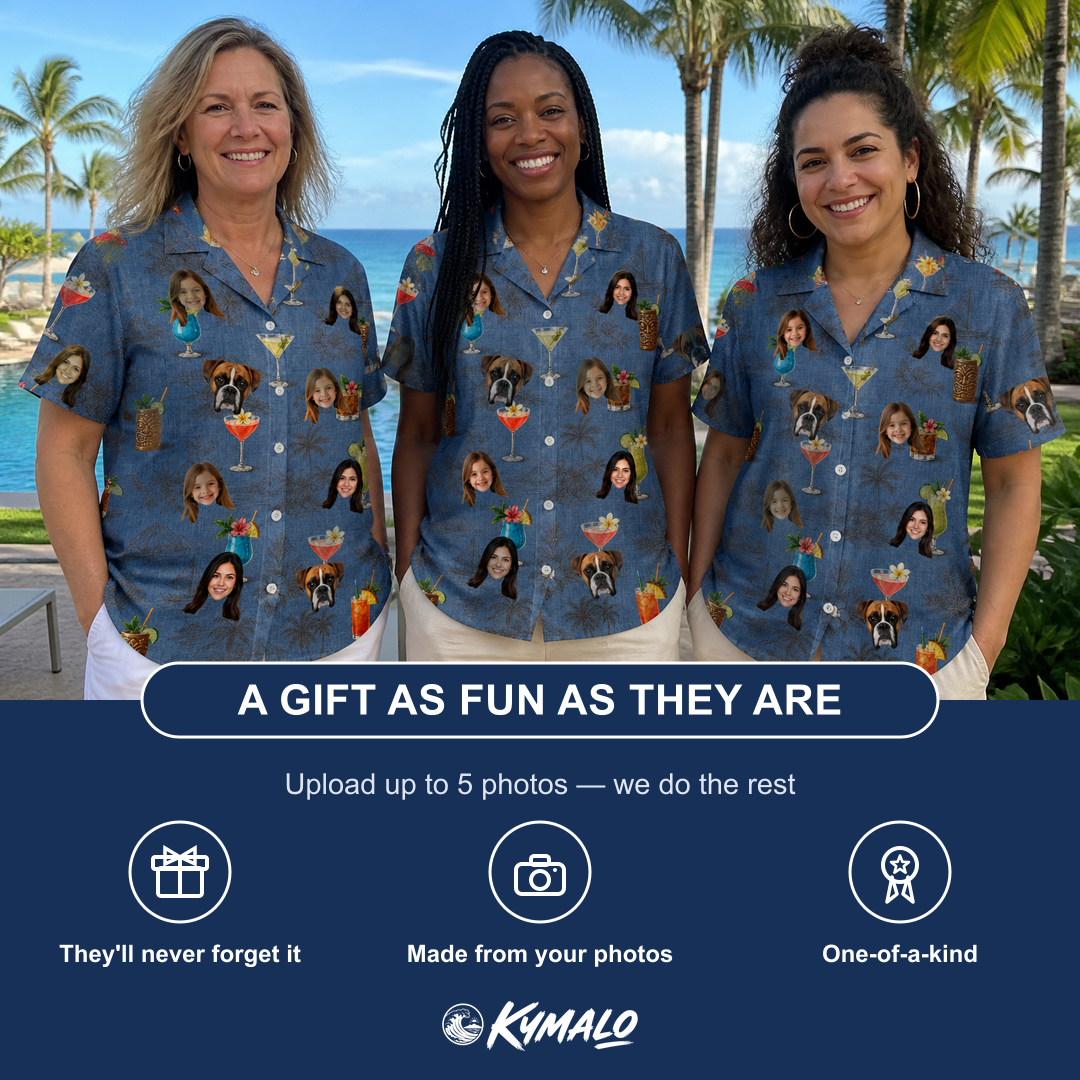 Friends in matching Women's Lounge Libations Custom Face Hawaiian Shirt — a group gift photo