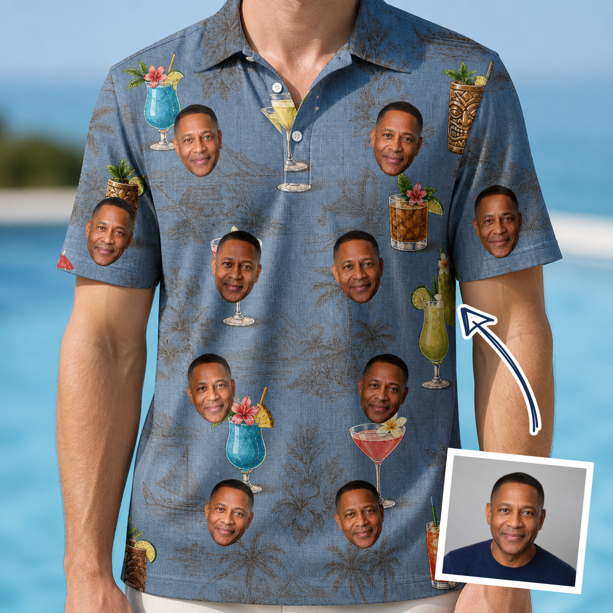 Man wearing Men's Lounge Libations Custom Face Polo Shirt — custom faces printed all-over