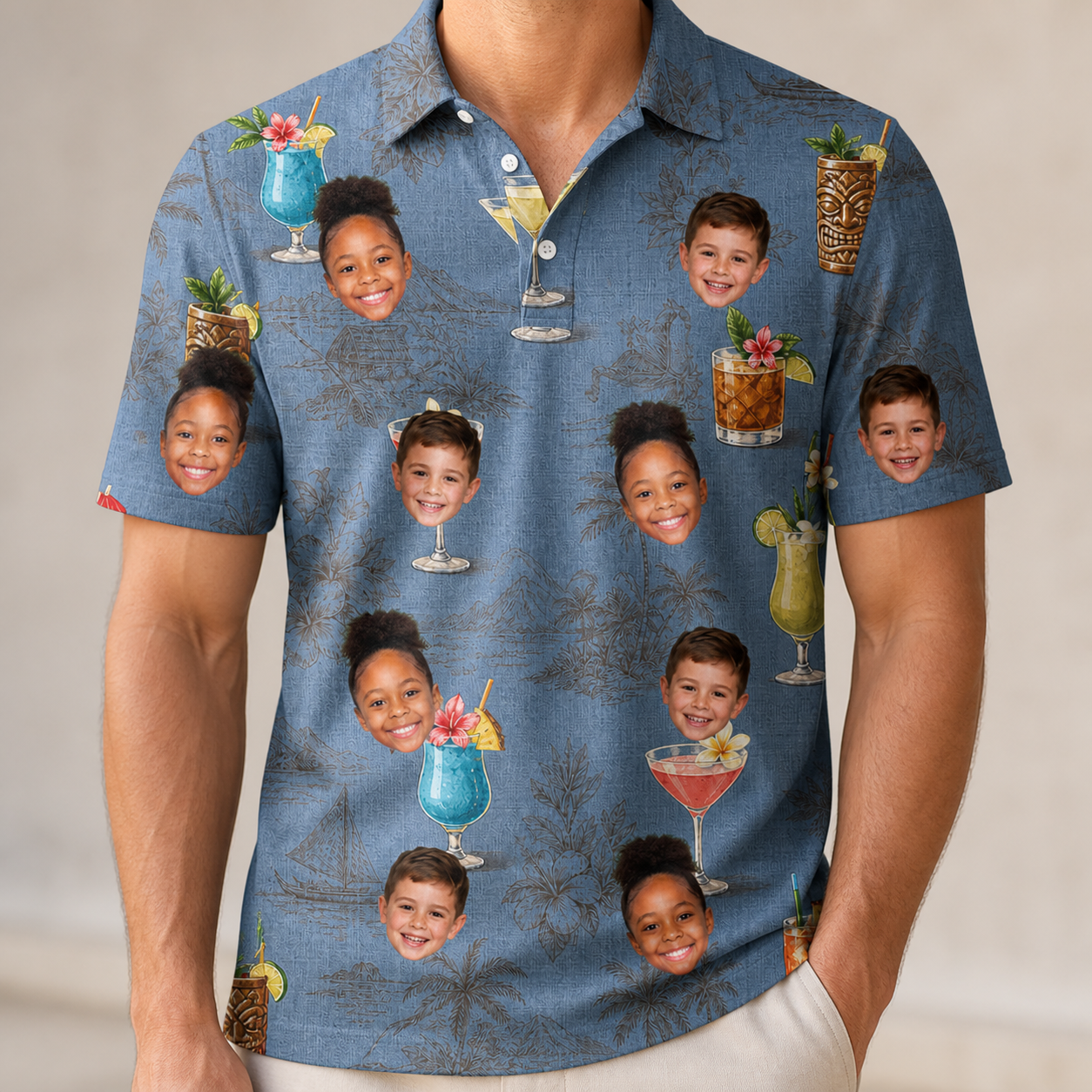 Model wearing Men's Lounge Libations Custom Face Polo Shirt printed with kids' faces