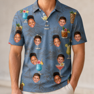 Model wearing Men's Lounge Libations Custom Face Polo Shirt printed with kids' faces