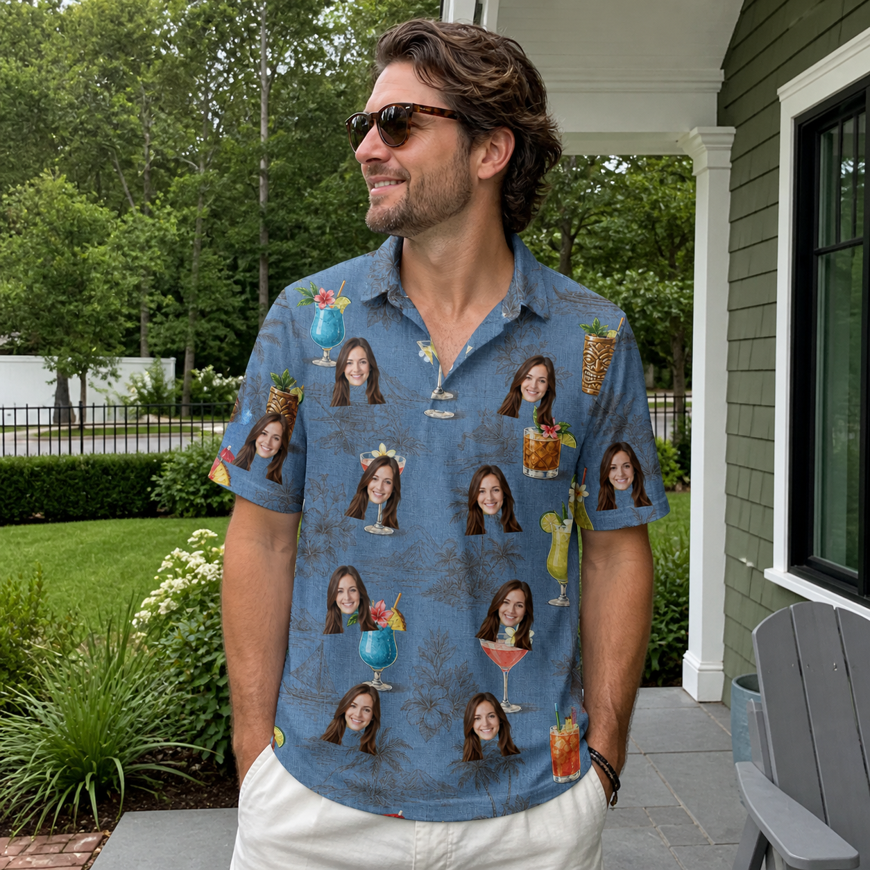 Real-life photo of someone wearing Men's Lounge Libations Custom Face Polo Shirt — custom faces printed all-over