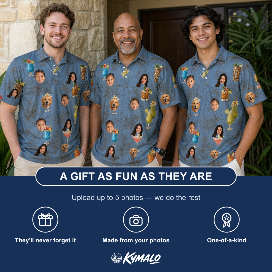 Friends in matching Men's Lounge Libations Custom Face Polo Shirt — a group gift photo
