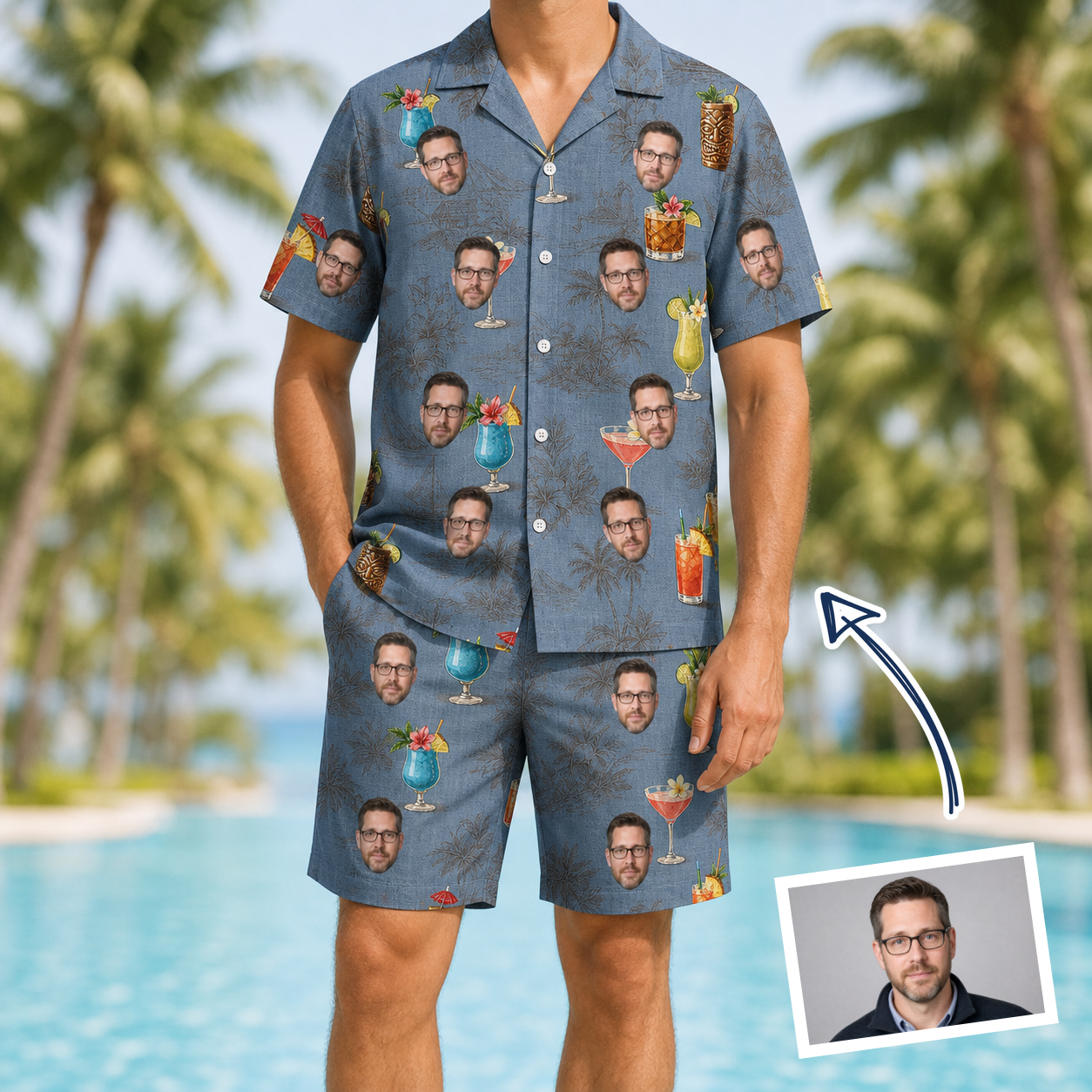 Man wearing Men's Lounge Libations Custom Face Shirt & Shorts Set — custom faces printed all-over