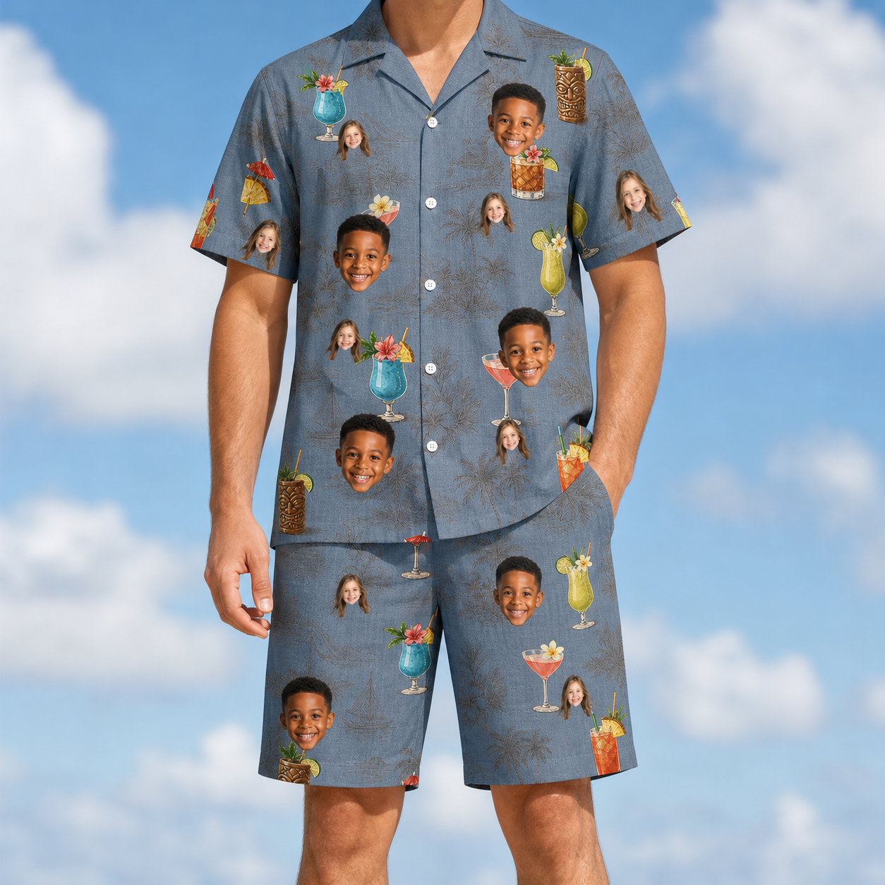 Model wearing Men's Lounge Libations Custom Face Shirt & Shorts Set printed with kids' faces