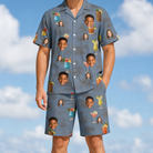 Model wearing Men's Lounge Libations Custom Face Shirt & Shorts Set printed with kids' faces