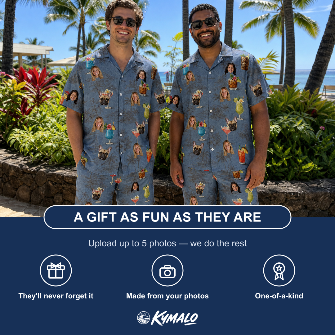 Friends in matching Men's Lounge Libations Custom Face Shirt & Shorts Set — a group gift photo