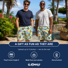 Friends in matching Men's Citron Confetti Custom Face Beach Shorts — a group gift photo
