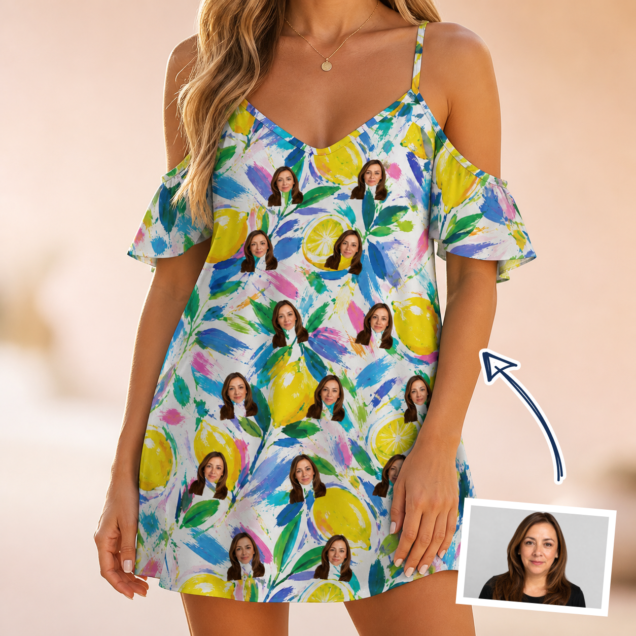 Woman wearing Women's Citron Confetti Custom Face Off-Shoulder Dress — custom faces printed all-over