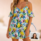 Woman wearing Women's Citron Confetti Custom Face Off-Shoulder Dress — custom faces printed all-over