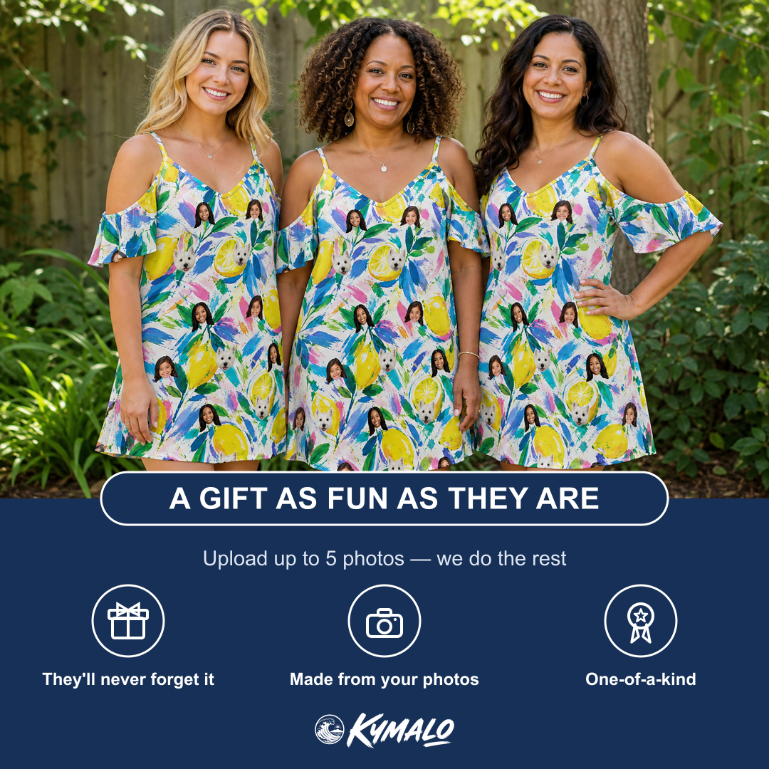 Friends in matching Women's Citron Confetti Custom Face Off-Shoulder Dress — a group gift photo