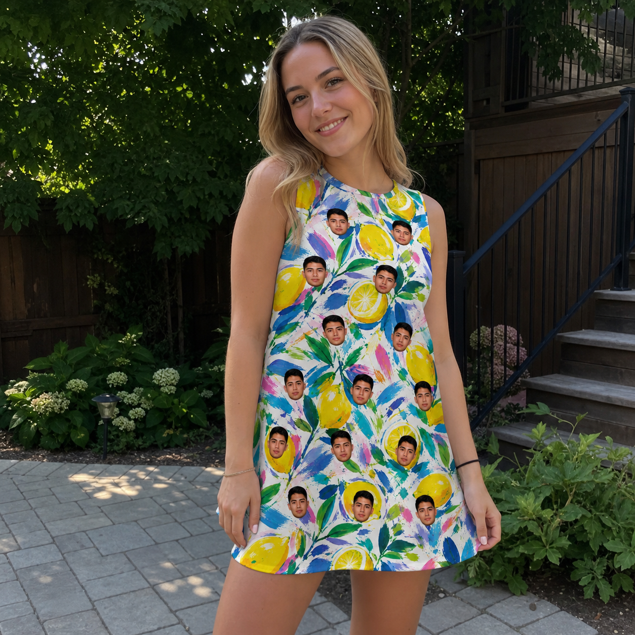 Real-life photo of someone wearing Women's Citron Confetti Custom Face Tank Dress — custom faces printed all-over