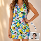 Woman wearing Women's Citron Confetti Custom Face V-Neck Dress — custom faces printed all-over