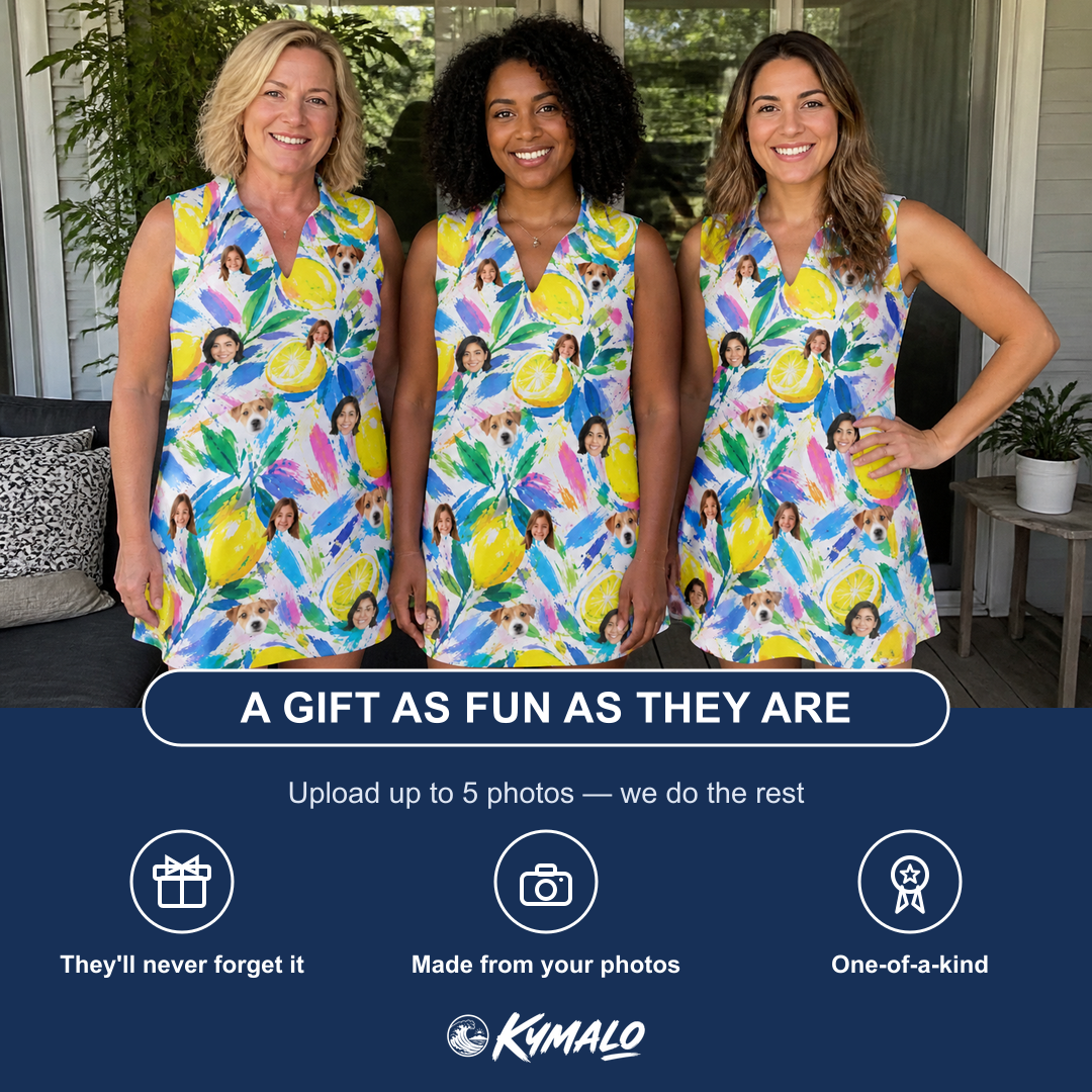 Friends in matching Women's Citron Confetti Custom Face V-Neck Dress — a group gift photo