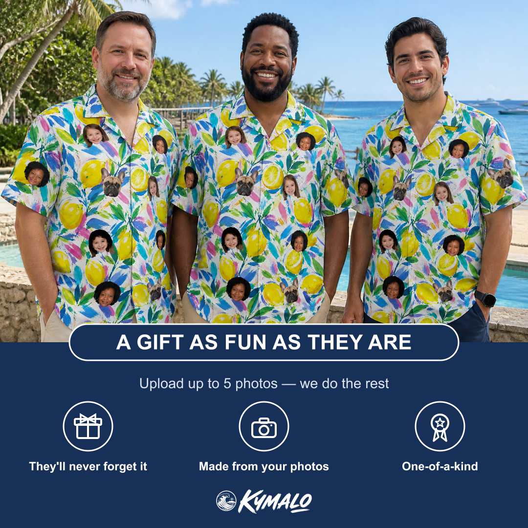 Friends in matching Men's Citron Confetti Custom Face Hawaiian Shirt — a group gift photo