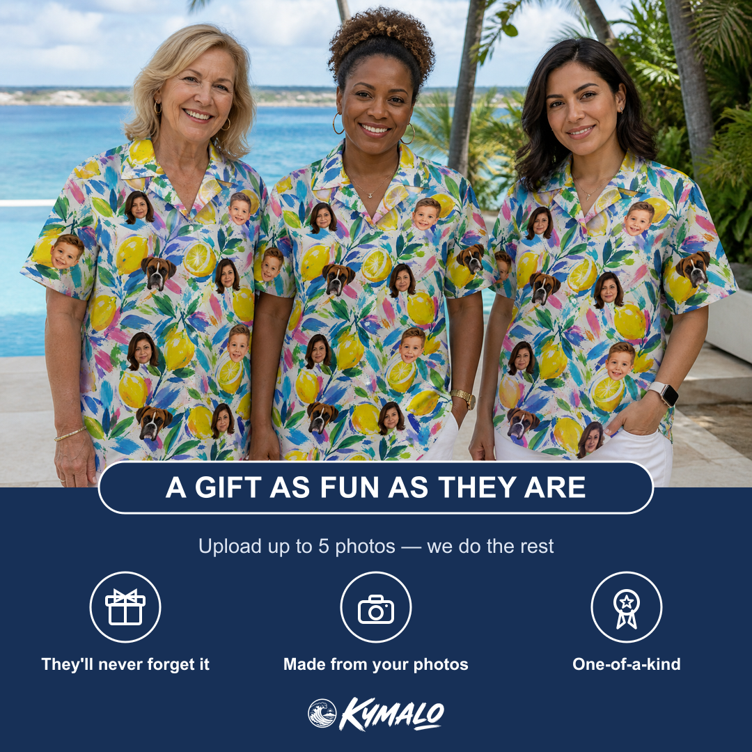 Friends in matching Women's Citron Confetti Custom Face Hawaiian Shirt — a group gift photo