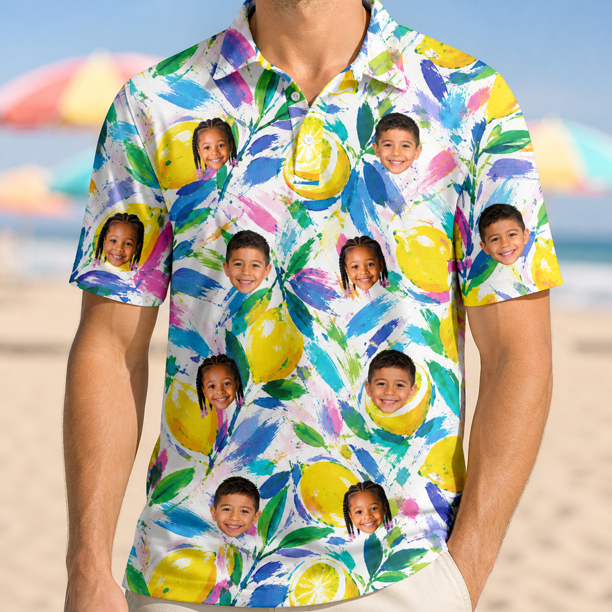Model wearing Men's Citron Confetti Custom Face Polo Shirt printed with kids' faces
