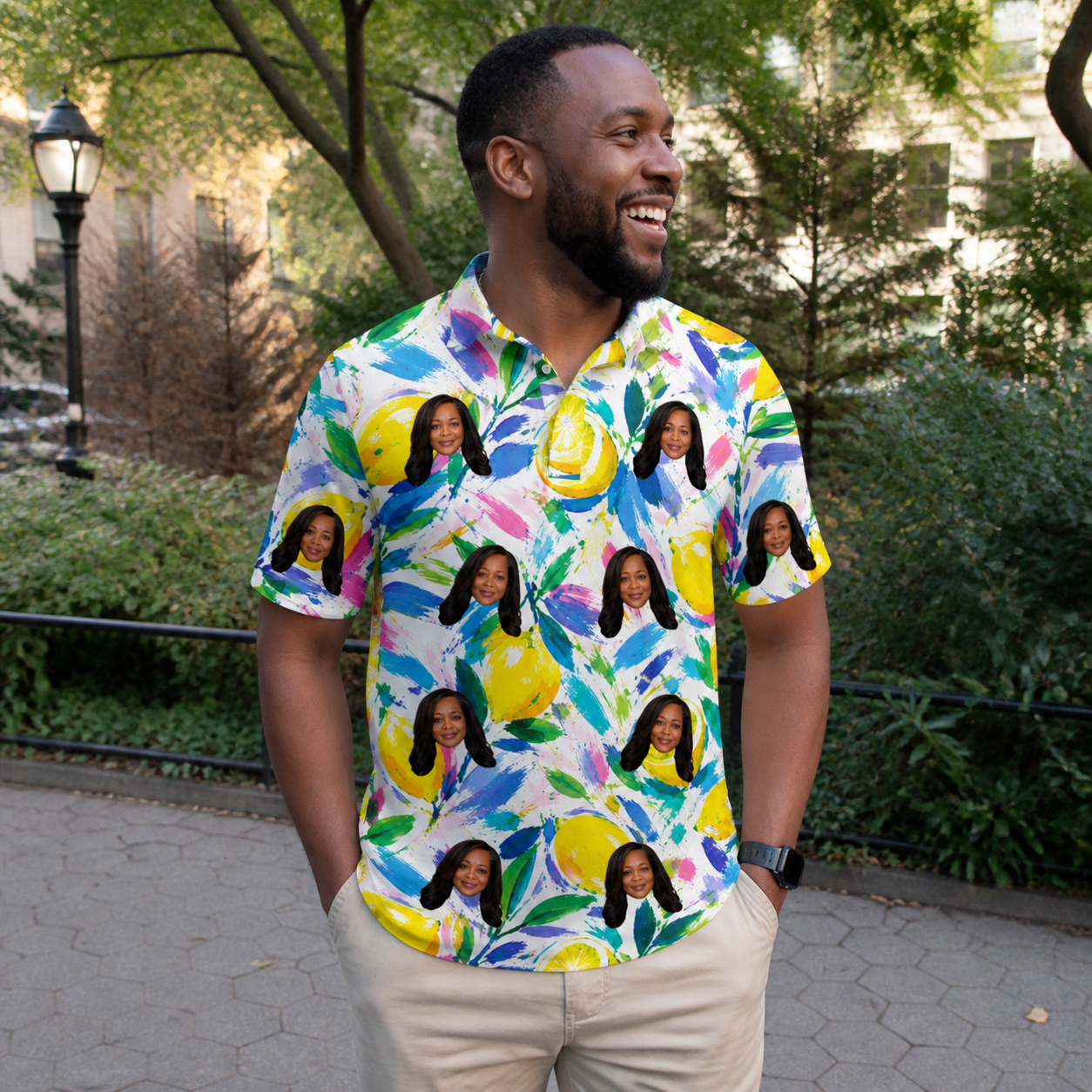 Real-life photo of someone wearing Men's Citron Confetti Custom Face Polo Shirt — custom faces printed all-over