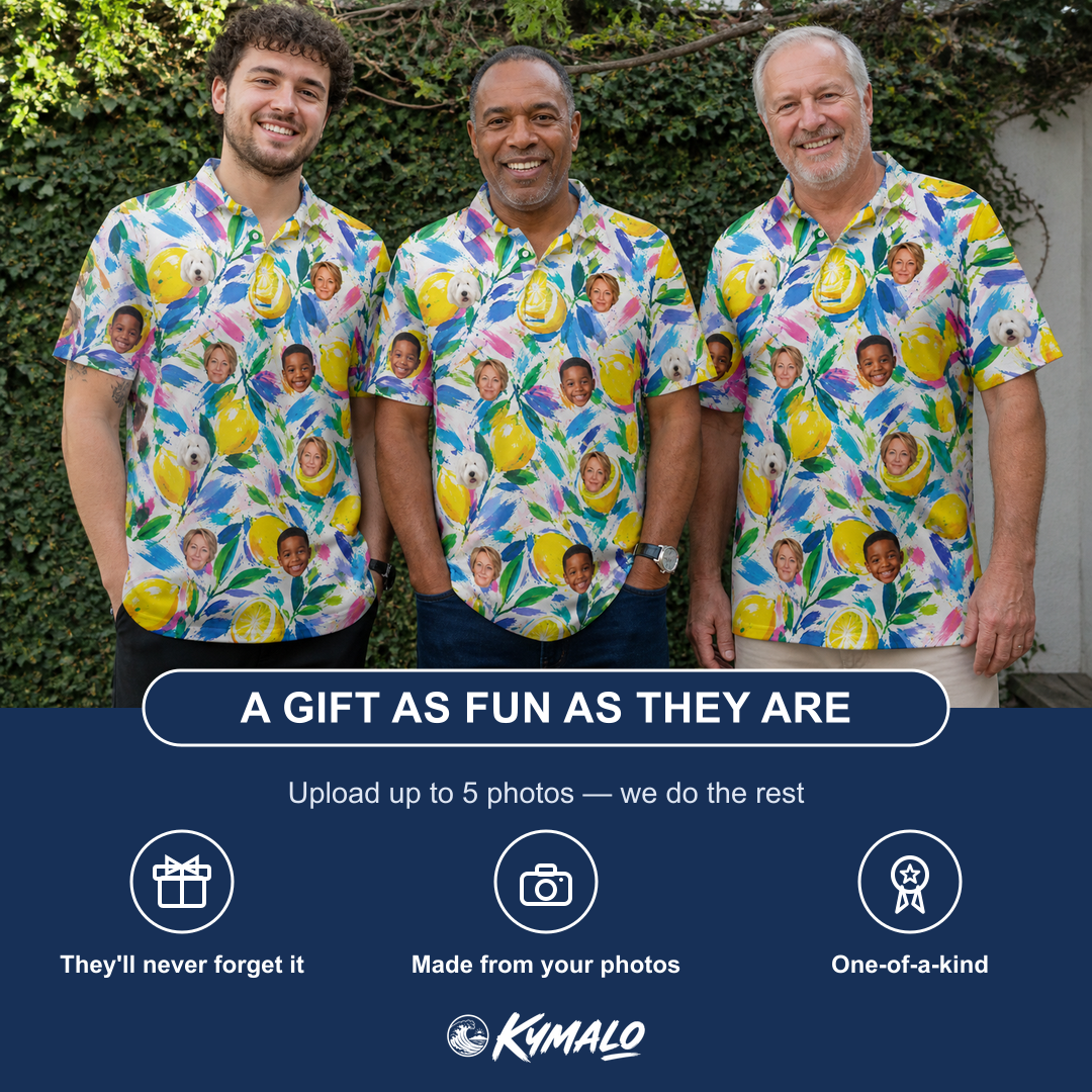Friends in matching Men's Citron Confetti Custom Face Polo Shirt — a group gift photo