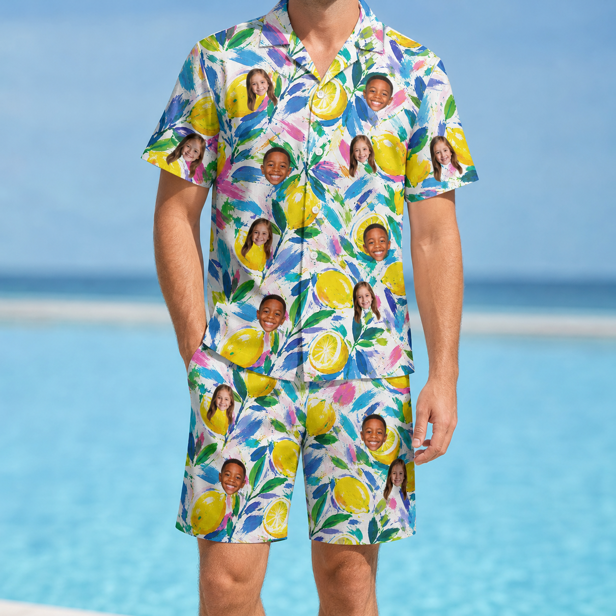 Model wearing Men's Citron Confetti Custom Face Shirt & Shorts Set printed with kids' faces