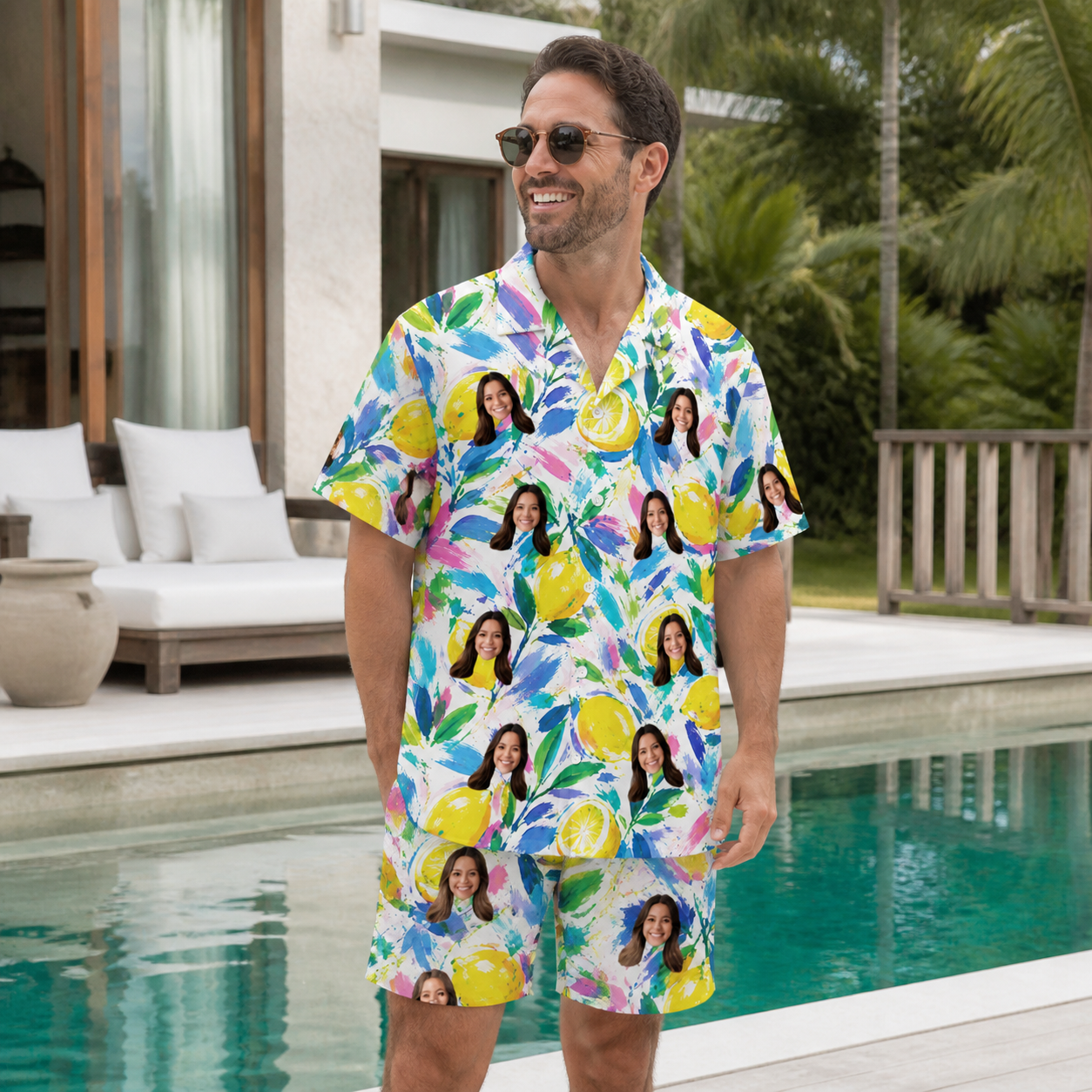 Real-life photo of someone wearing Men's Citron Confetti Custom Face Shirt & Shorts Set — custom faces printed all-over