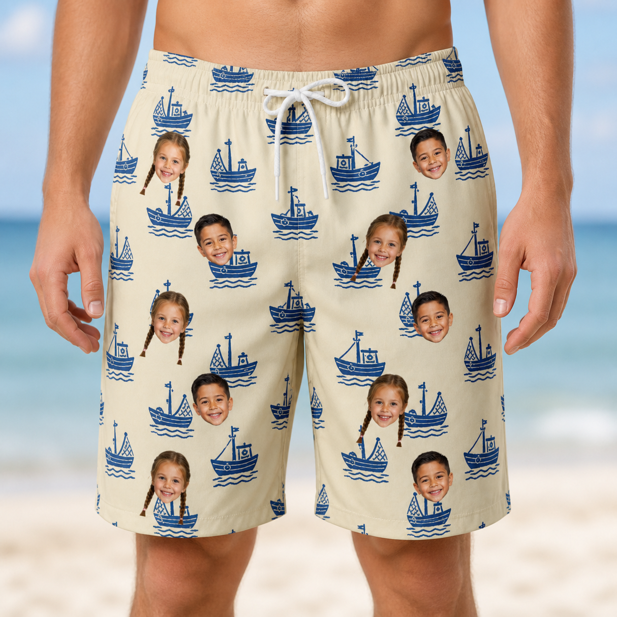 Model wearing Men's Skipper Scooters Custom Face Beach Shorts printed with kids' faces