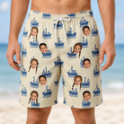 Model wearing Men's Skipper Scooters Custom Face Beach Shorts printed with kids' faces