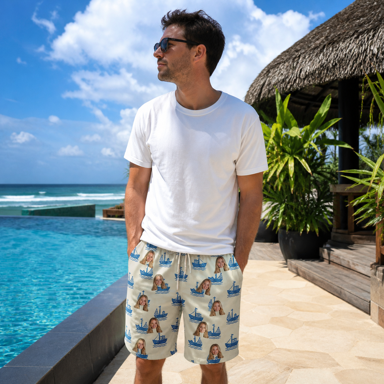 Real-life photo of someone wearing Men's Skipper Scooters Custom Face Beach Shorts — custom faces printed all-over