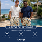 Friends in matching Men's Skipper Scooters Custom Face Beach Shorts — a group gift photo