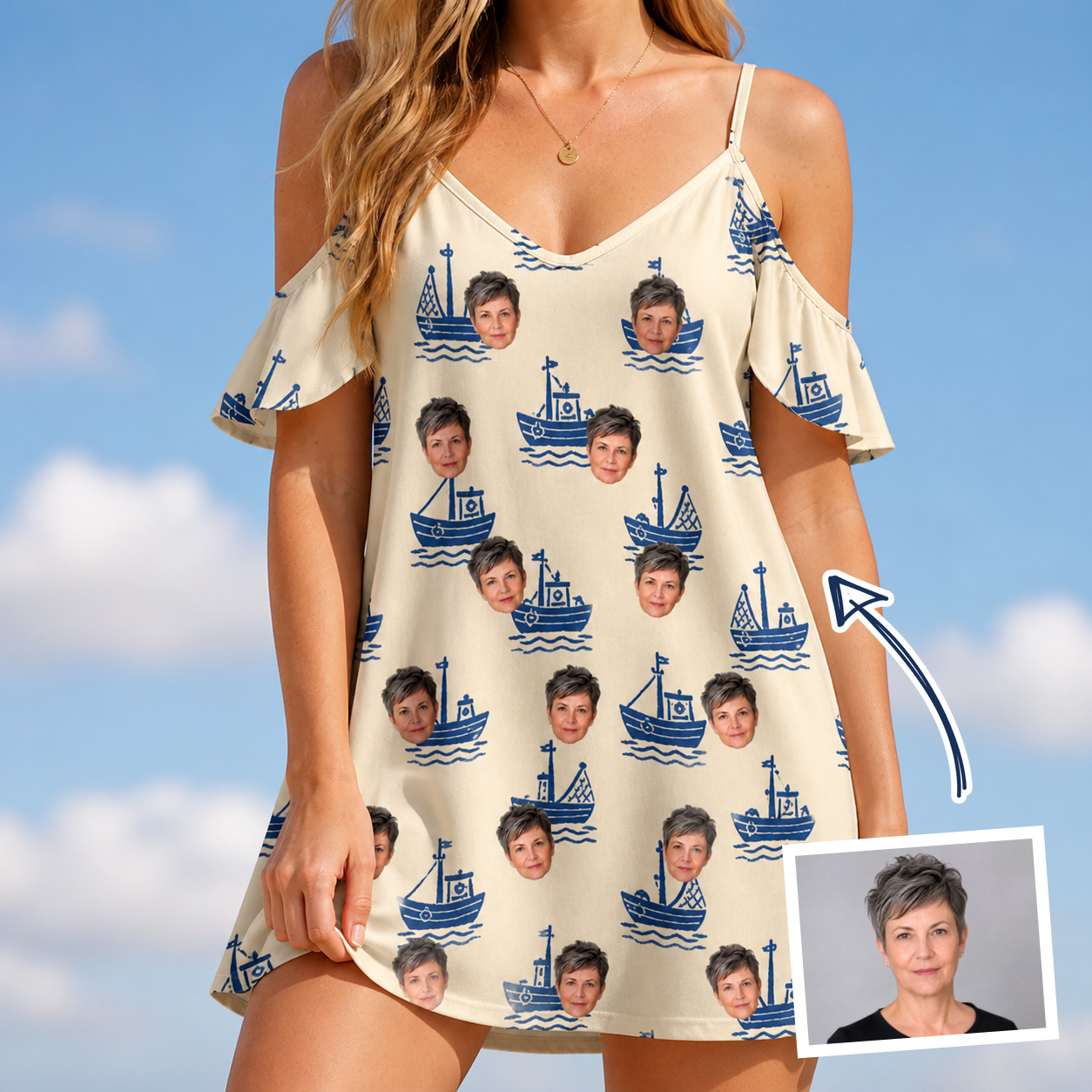 Woman wearing Women's Skipper Scooters Custom Face Off-Shoulder Dress — custom faces printed all-over