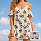 Woman wearing Women's Skipper Scooters Custom Face Off-Shoulder Dress — custom faces printed all-over