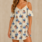 Model wearing Women's Skipper Scooters Custom Face Off-Shoulder Dress printed with kids' faces