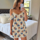 Real-life photo of someone wearing Women's Skipper Scooters Custom Face Off-Shoulder Dress — custom faces printed all-over