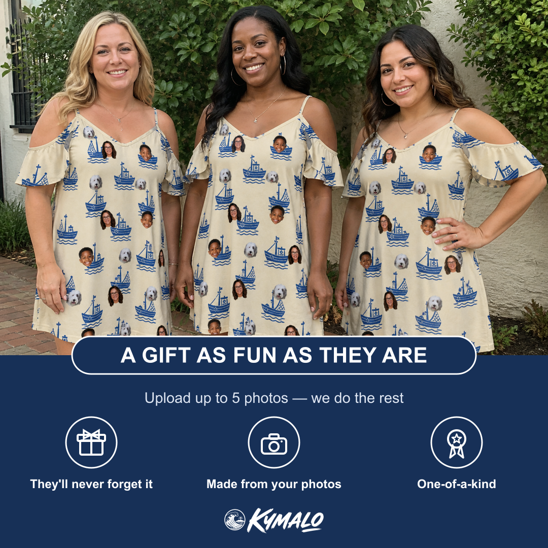 Friends in matching Women's Skipper Scooters Custom Face Off-Shoulder Dress — a group gift photo