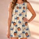 Model wearing Women's Skipper Scooters Custom Face Tank Dress printed with kids' faces