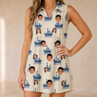Model wearing Women's Skipper Scooters Custom Face V-Neck Dress printed with kids' faces